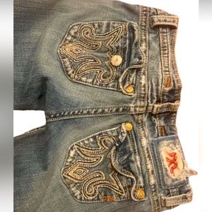 Low rise, flare, Darker wash blue Mek denim jeans